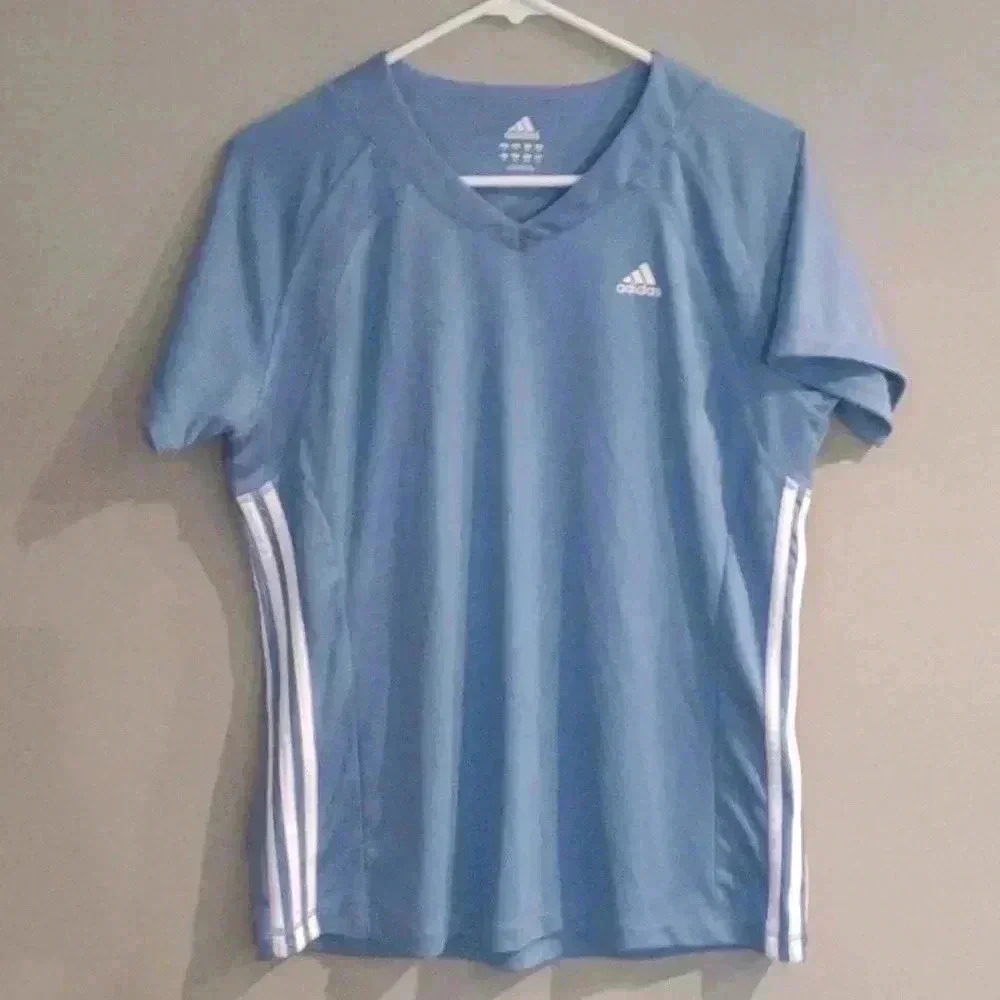 Vintage Adidas short sleeve thermo system baby blue v-neck‎ top women's large